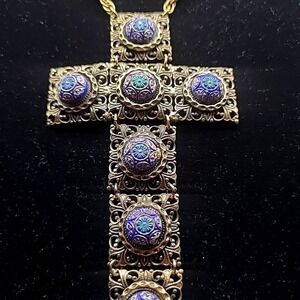 Vintage Hobe Necklace Gold Tone Filigree Enamel Articulated Large Cross RARE